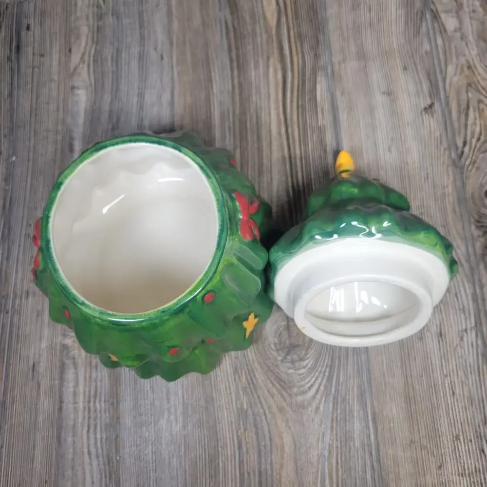 Vintage Ceramic Christmas Tree Cookie Jar Red Bows Green Holiday Canister 11.5